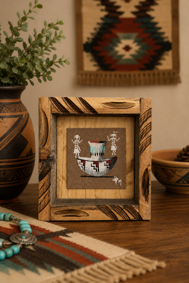 Authentic Ben Mitchell Navajo sand painting displayed in a Southwestern-inspired home setting featuring a traditional pottery vase and traditional figures.