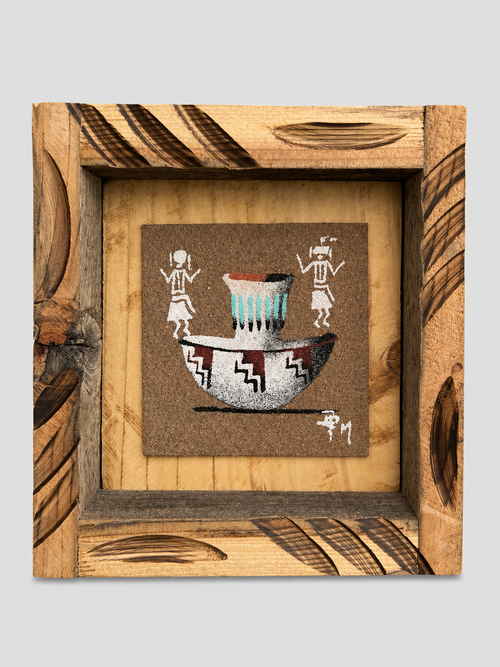 Original Navajo sand painting by Ben Mitchell featuring a traditional pottery vase with male and female figures in a hand-carved wooden frame.