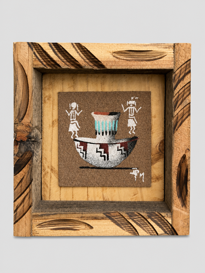 Original Navajo sand painting by Ben Mitchell featuring a traditional pottery vase with male and female figures in a hand-carved wooden frame.