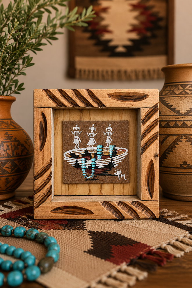 Authentic Ben Mitchell Navajo sand painting displayed in a Southwestern-inspired home setting featuring a Wedding Basket, turquoise necklace, and traditional figures.