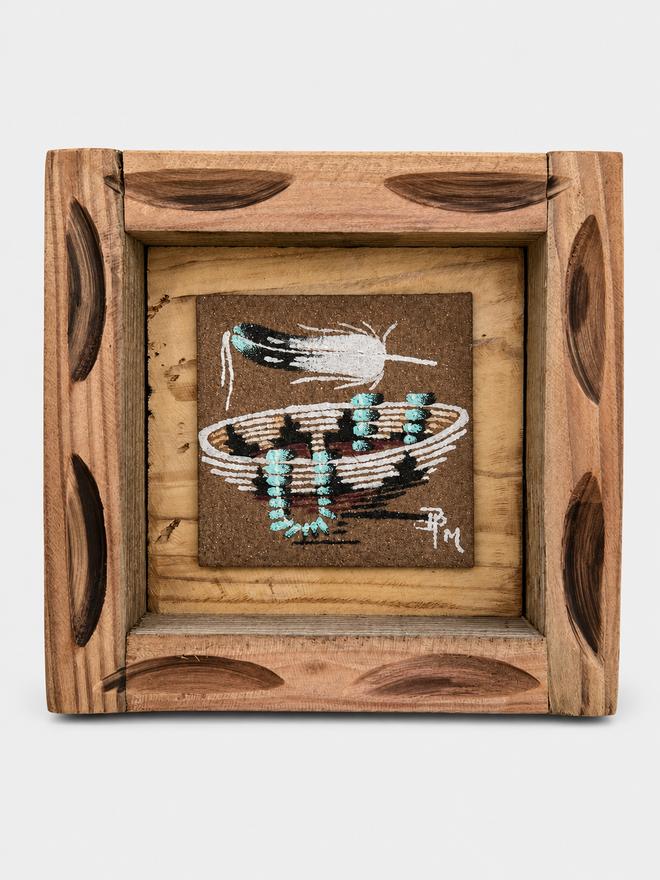 Original Ben Mitchell Navajo sand painting featuring a Wedding Basket, turquoise necklace, and eagle feather in a hand-carved wooden frame