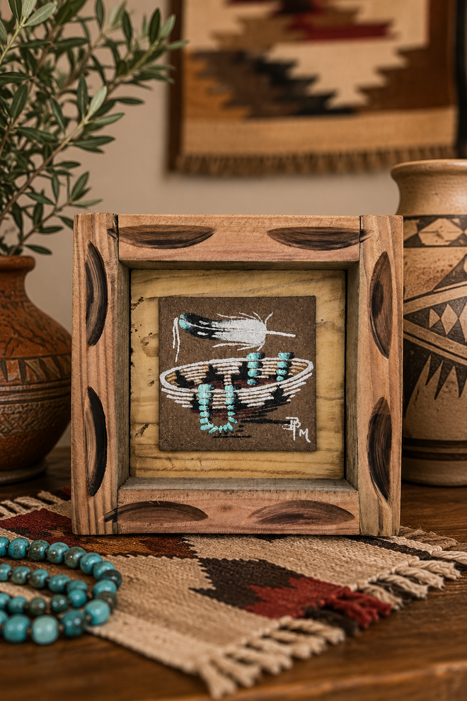 Authentic Navajo sand painting by Ben Mitchell displayed in a Southwestern-inspired home setting with Wedding Basket, turquoise necklace, and eagle feather design.