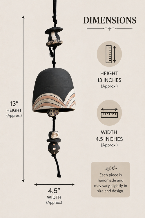 Black ceramic wind bell dimensions 13 inches tall and 4.5 inches wide