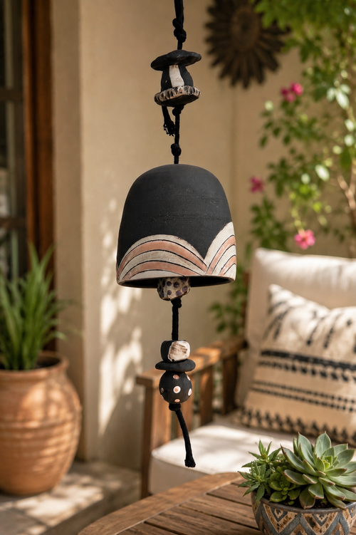 Handmade black ceramic wind bell displayed on a cozy patio