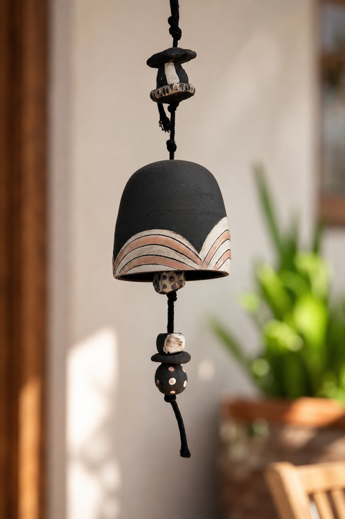 Handmade black geometric ceramic wind bell artisan