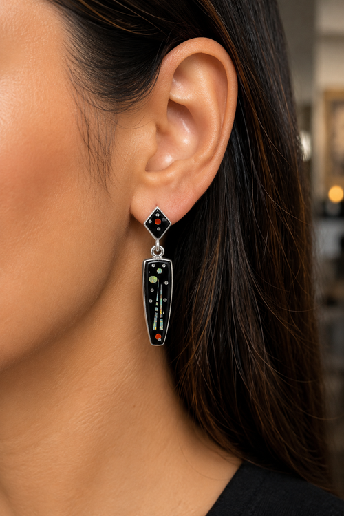 Black Jade & Opal Inlay Drop Earrings – Native American Made