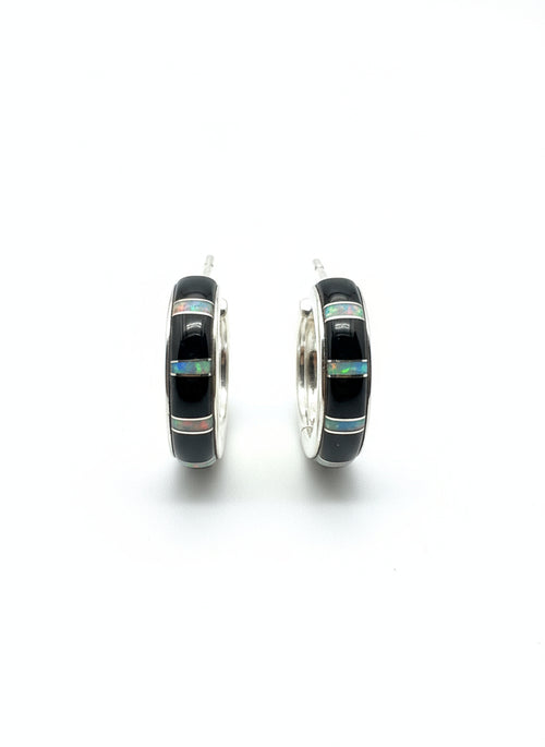 Black Jade & Opal Half Moon Hoop Post Earrings