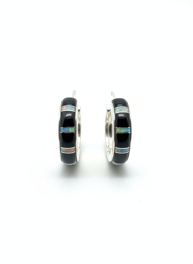 Black Jade & Opal Half Moon Hoop Post Earrings