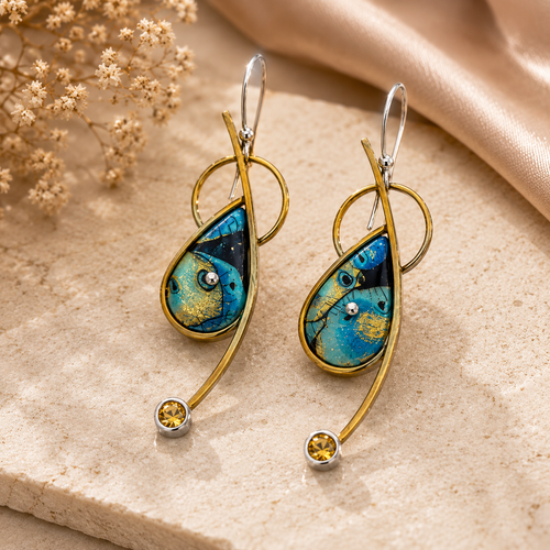 Blue designer earrings with citrine accents, sterling silver and brass contemporary jewelry design.