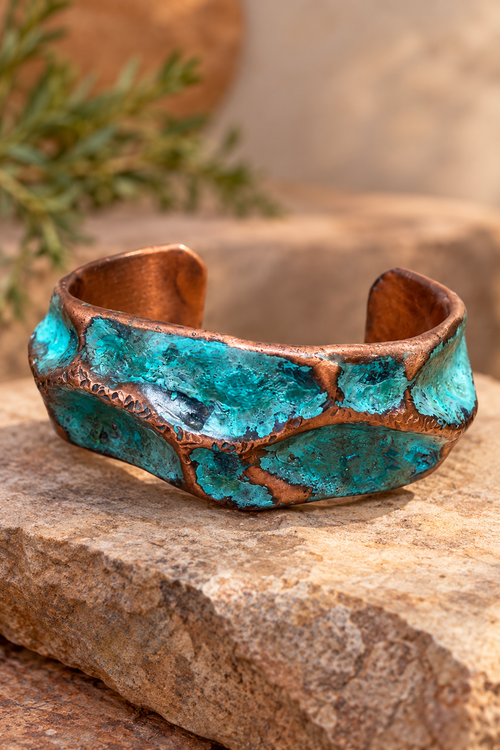 Blue-green patina copper cuff handmade in Sedona, Arizona with an organic textured surface.