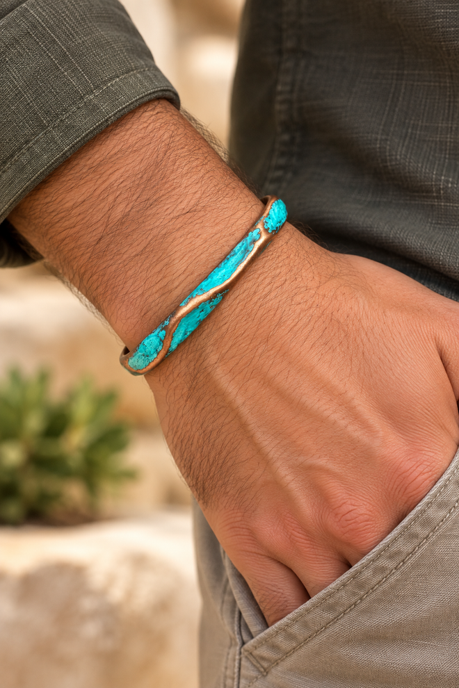 Blue-green patina copper cuff bracelet shown on a man's wrist, featuring a slim sculptural handmade design.