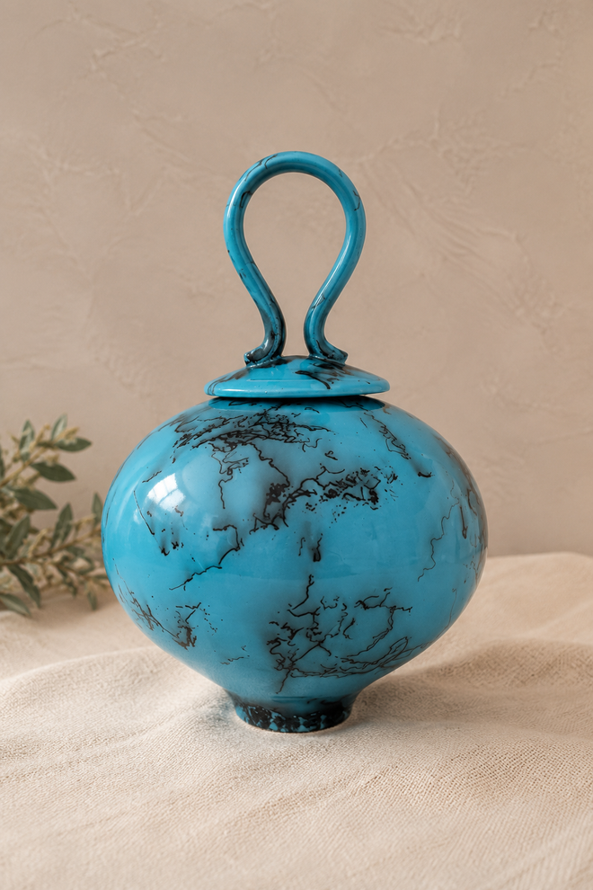 Blue horsehair pottery vessel with removable loop handle lid
