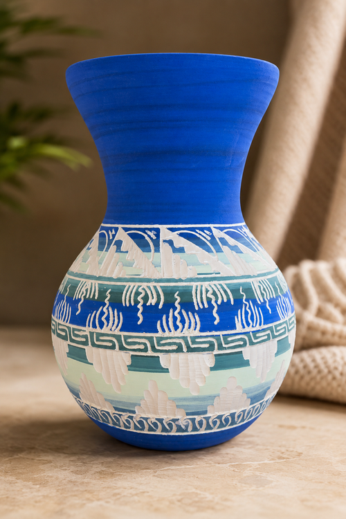 Authentic Navajo carved pottery vase handcrafted by Cassandra King featuring hand-etched white designs on a cobalt blue ceramic vase, one-of-a-kind Native American Southwestern art.