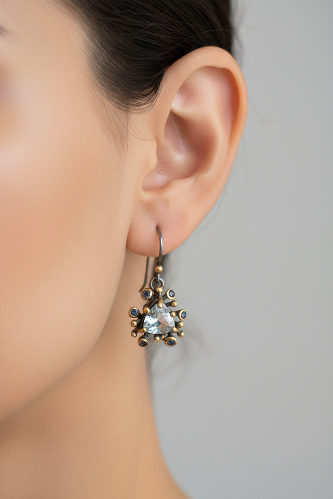 Blue topaz and blue sapphire gemstone drop earrings with sterling silver and 18K gold-plated accents