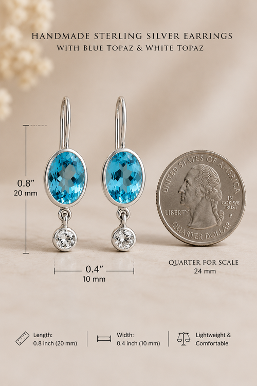 Blue Topaz and White Topaz sterling silver earrings with size reference showing approximately 0.8 inch length and 0.4 inch width.