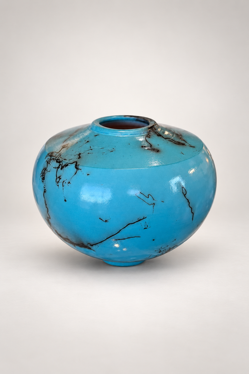 Blue turquoise handmade ceramic vase with horsehair raku detailing and glossy finish