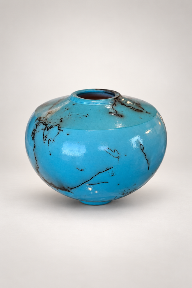 Blue turquoise handmade ceramic vase with horsehair raku detailing and glossy finish