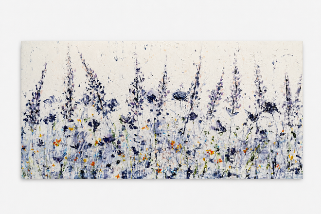 Blue and indigo abstract wildflower original painting by Jodi Maas, acrylic on wood panel