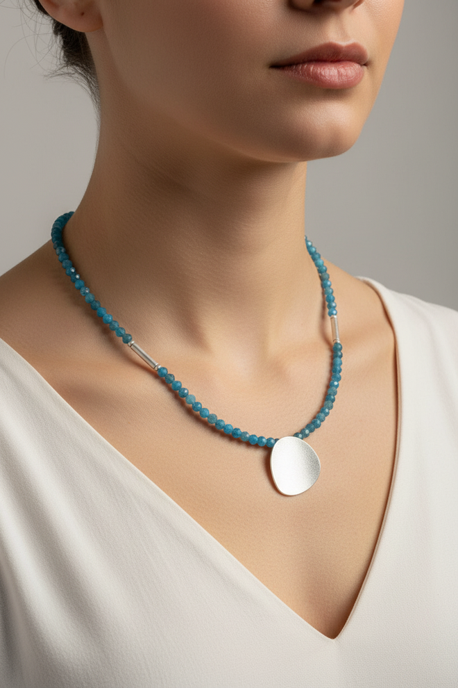 Apatite Beads Necklace with Round Curved Silver Pendent