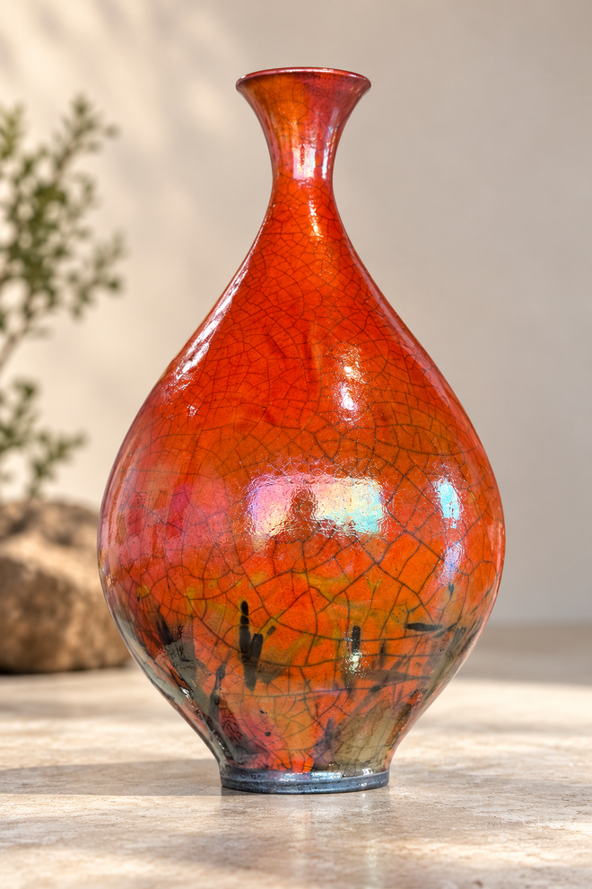 Bob Smith ferric chloride Raku bottle with fiery red-orange crackle surface and distinctive smoke and straw markings