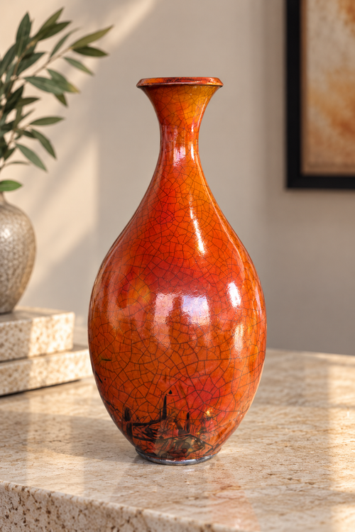 Bob Smith ferric chloride Raku bottle created with a rare firing technique, featuring fiery orange tones and crackled glaze