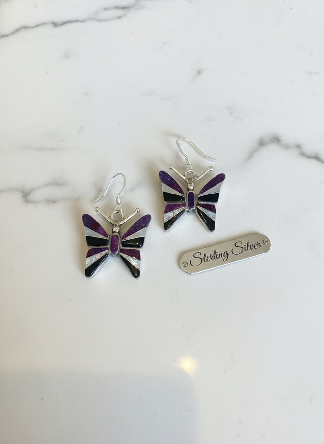 Purple Sugilite, Mother of Pearl, Black Jade & Opal Butterfly Earrings