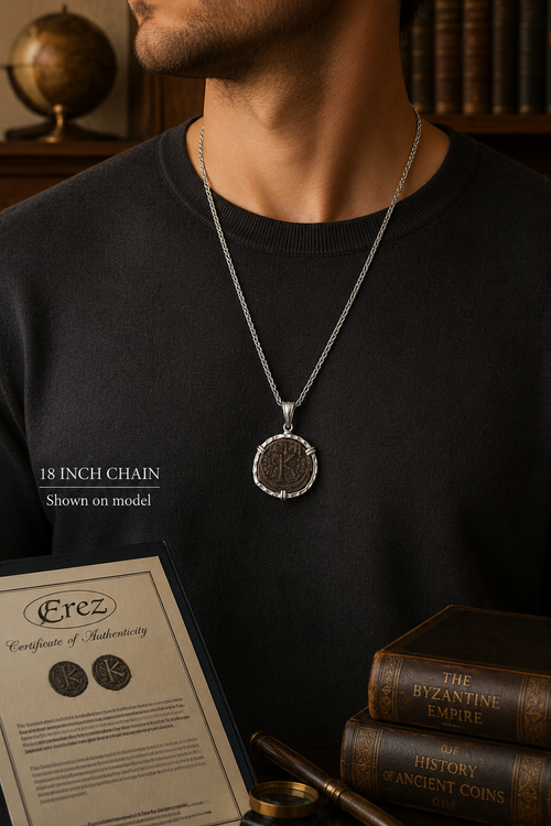 Certificate of authenticity accompanying genuine Byzantine Empire 20 Nummia bronze coin necklace.