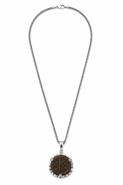 Ancient Byzantine Empire coin pendant necklace with sterling silver chain and handcrafted setting