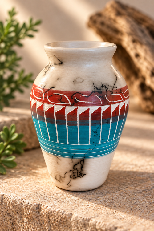 Cecelia Benally Navajo horsehair pottery vase with turquoise and red hand-etched geometric design