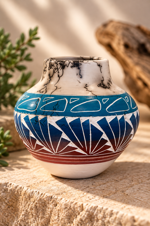 Cecelia Benally Navajo horsehair pottery vase with hand-etched turquoise blue and burgundy geometric designs