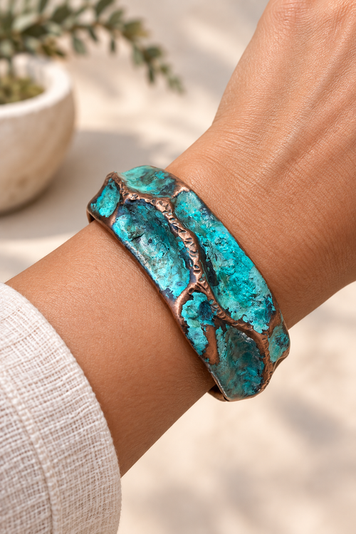 Chikako Myers handmade copper cuff bracelet shown on wrist, handcrafted in Sedona, Arizona.