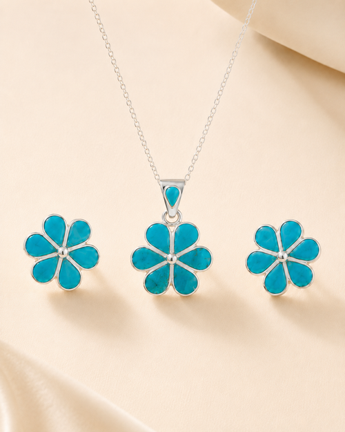 Matching chrysocolla flower necklace and stud earrings in 950 sterling silver jewelry set