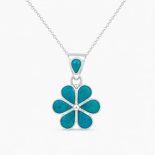 Chrysocolla flower pendant necklace in 950 sterling silver with delicate blue green floral design
