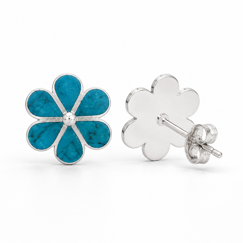 Chrysocolla flower stud earrings showing front design and solid sterling silver post back