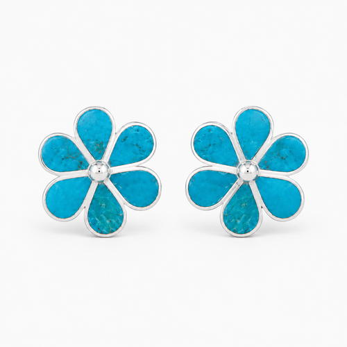 Chrysocolla flower stud earrings in 950 sterling silver with blue green floral design