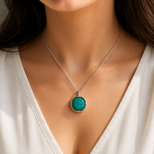 Large 16mm round chrysocolla pendant necklace in sterling silver with 18k gold vermeil accent on 29 inch rolo chain