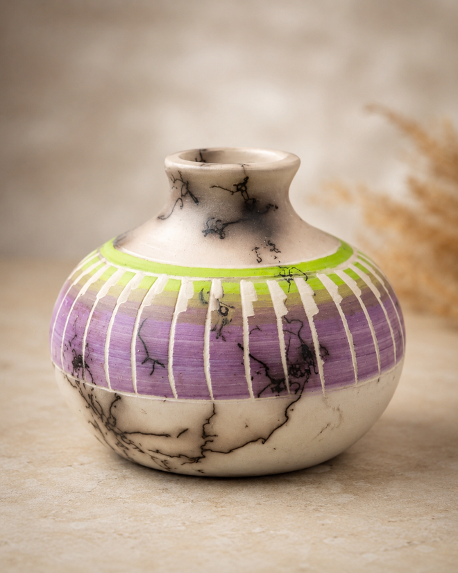 Collectible Navajo etched pottery vase by Larry Livingston. Handmade Arizona ceramic art featuring carved detailing, horsehair firing, and elegant lavender and green accents.