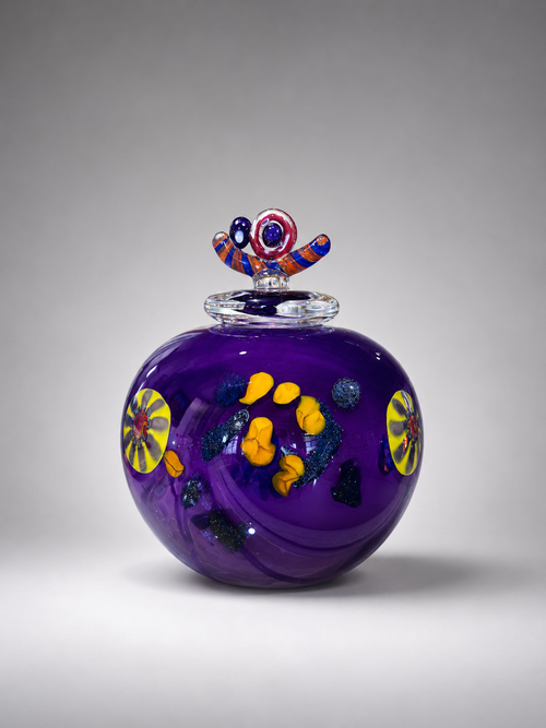 Collectible purple handblown art glass vessel from Raku Gallery in Jerome Arizona