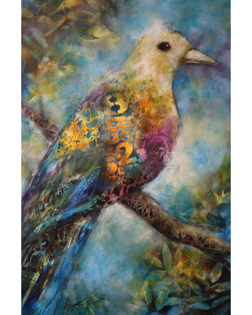 Close-up of Mama Bird, a one-of-a-kind original acrylic bird painting by Vikki Reed with layered textures, luminous blues, turquoise, gold accents, and contemporary mixed-media details.