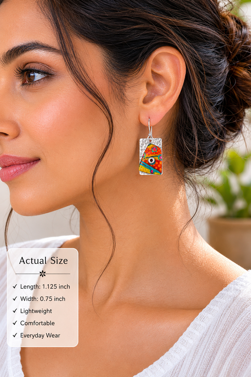 Colorful sterling silver earrings shown on model ear. Lightweight everyday earrings with vibrant multicolor design.