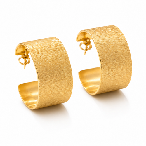 Luxury handmade matte gold vermeil hoop earrings featuring a bold wide silhouette and brushed satin texture, crafted in sterling silver for a timeless modern look.