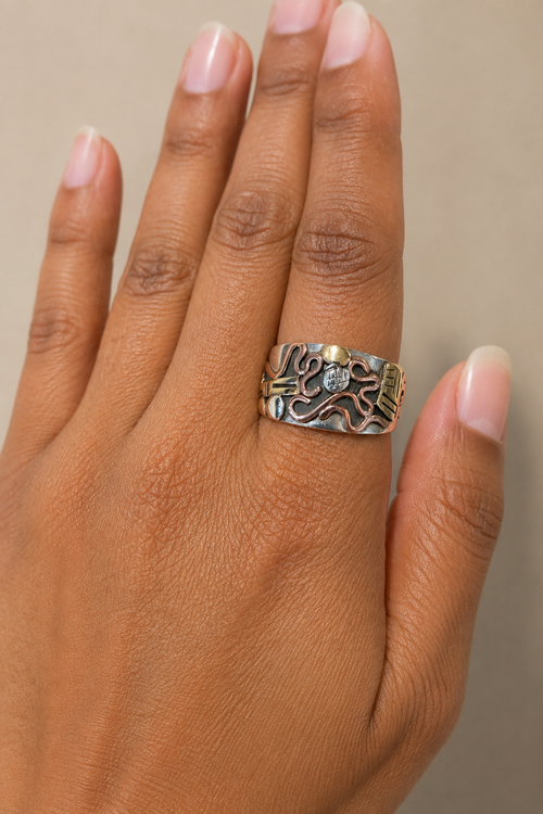 David Pritchard mixed metal ring in sterling silver, copper and brass with a wide handcrafted patterned top, ring for women