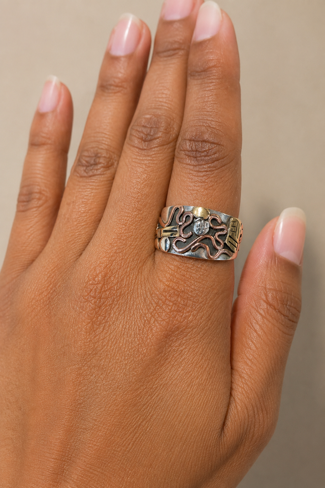 David Pritchard mixed metal ring in sterling silver, copper and brass with a wide handcrafted patterned top, ring for women