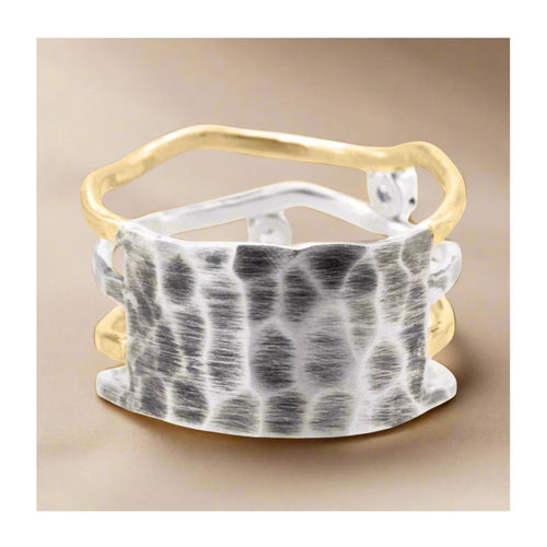 Delicate mixed metal artisan ring with sterling silver and gold detail back side