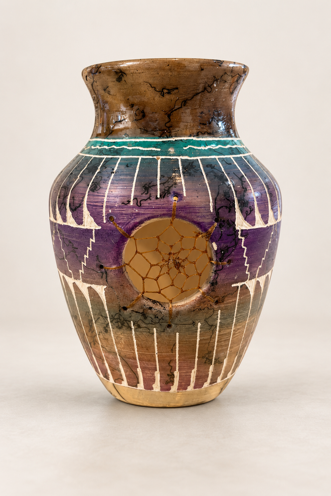 Navajo pottery vase by Dennison Billy with purple geometric design, white accents, and woven center detail