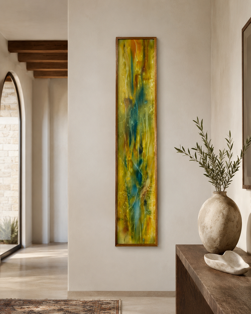 Desert Dreams tall abstract wall art displayed in a warm modern entryway.