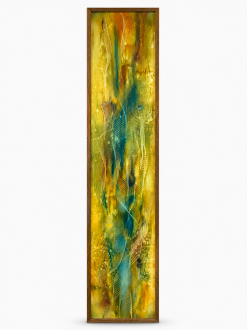 Desert Dreams tall abstract wall art in gold, green, and teal with wood frame.