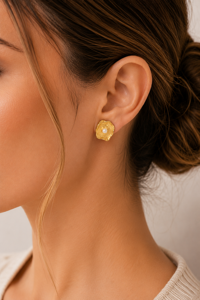 Designer gold vermeil pearl petal stud earrings handcrafted in sterling silver with genuine freshwater pearls, contemporary artisan jewelry perfect for weddings, gifts, and everyday elegance.