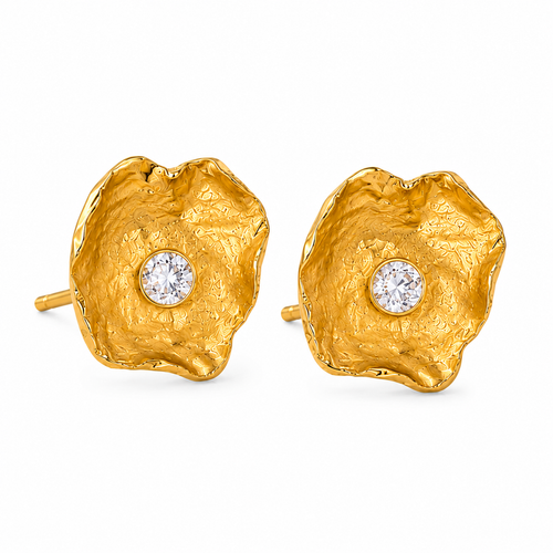 Close-up of designer gold vermeil petal stud earrings with sparkling cubic zirconia, handcrafted contemporary floral jewelry made from sterling silver with an organic sculptural finish.