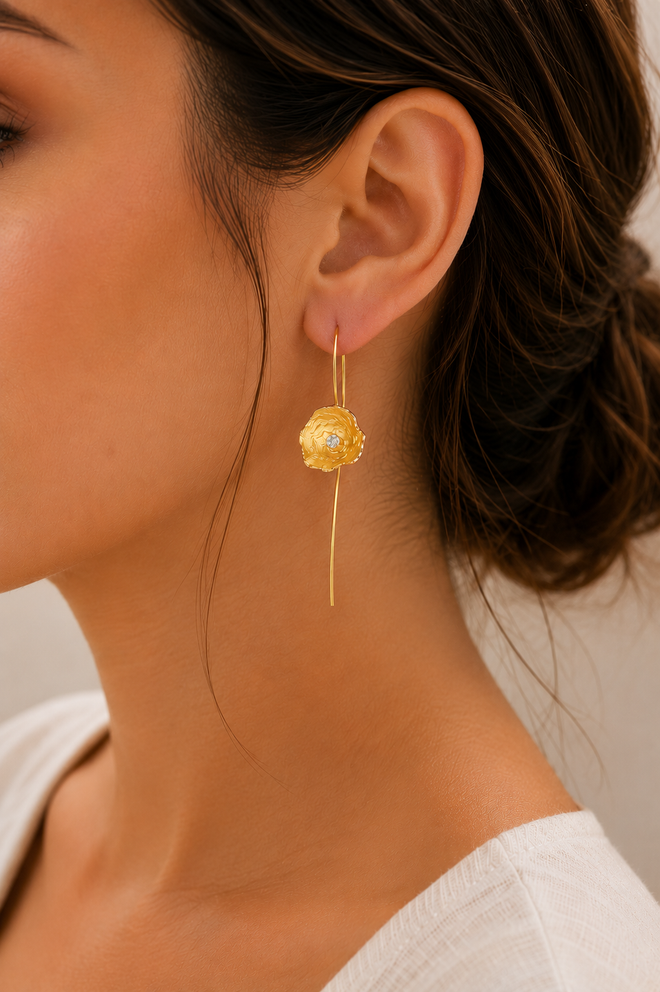 Luxury handcrafted gold vermeil petal earrings in sterling silver with long French hook ear wires and cubic zirconia, modern floral statement jewelry for women.